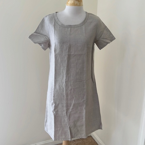 L.L.Bean tan SZ 4, short sleeve linen dress with hem detail. - Picture 1 of 7